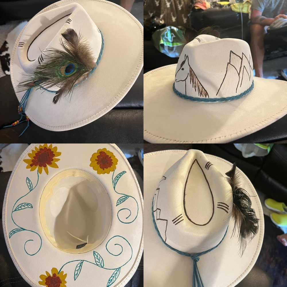 Cream CowgirlHat with horse, mountains and coreopsis flowers.